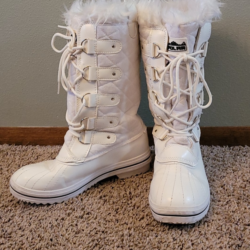 Polar white lace up insulated fur trim snow boots